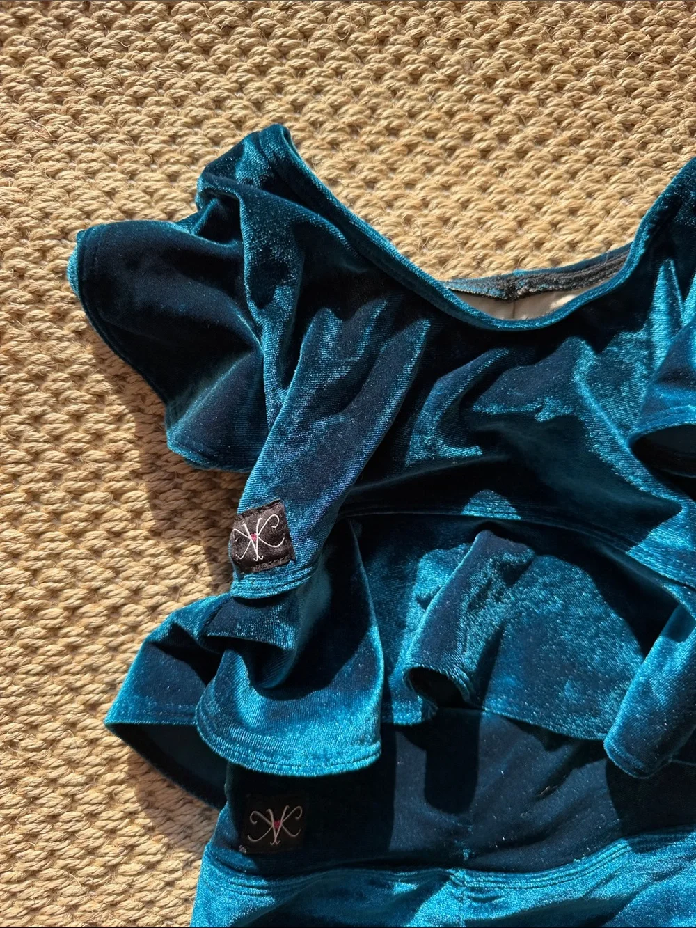 Kandi Kouture Girls Teal Velvet Ruffle Dance Leotard Costume size child small